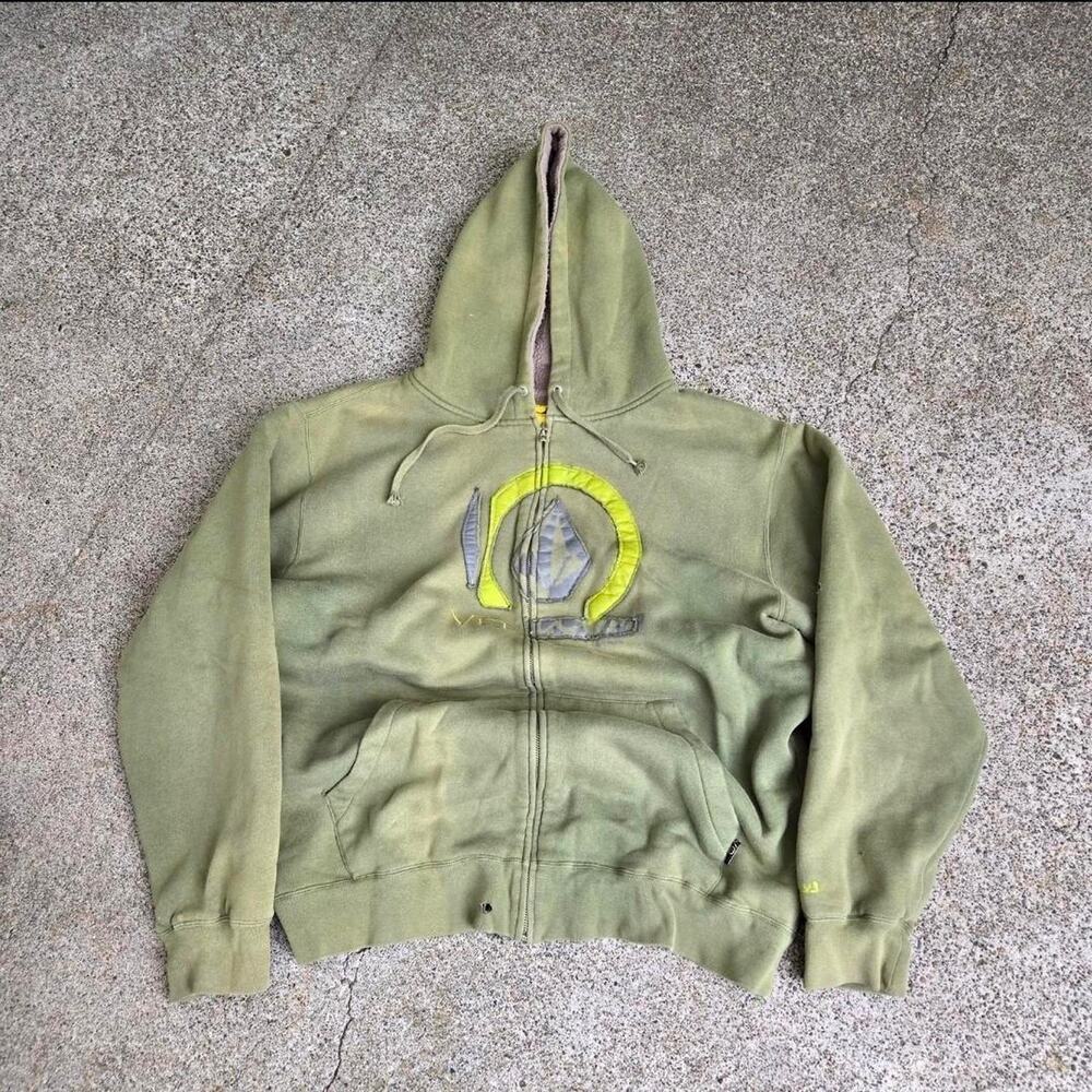 Vtg Y2k VOLCOM SKATEBOARDS Diamond Applique Sherpa Zip Up Hooded Sweatshirt Lg